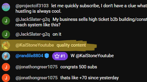 Live chat: 'quality content', '+70 subs since yesterday'