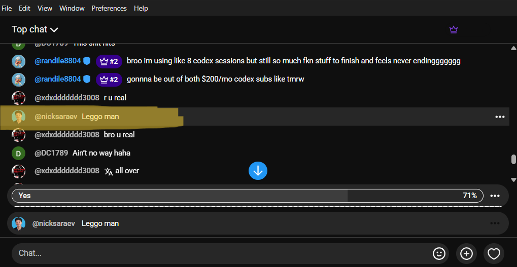 Nick Saraev (190K-sub AI builder) in the live stream chat
